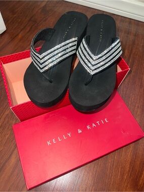 Kelly & Katie Black Platform Sandals with Silver Rhinestone Straps